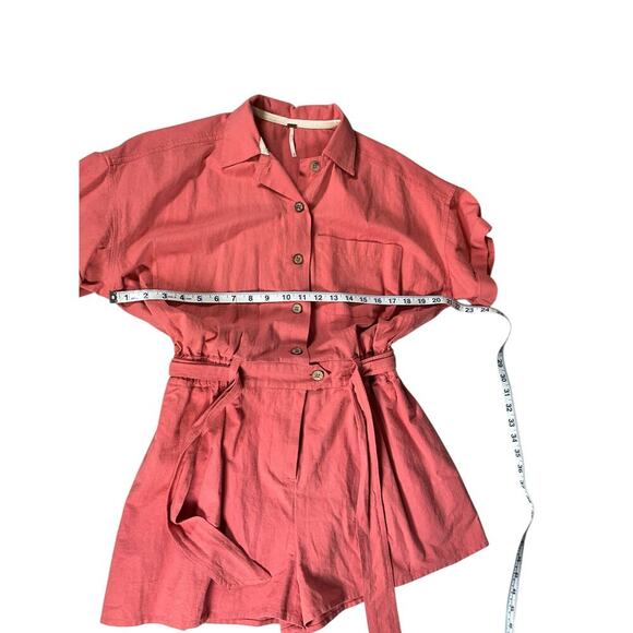 Free People Romper Coral Size XS Button Down Short Sleeve Belted Sinched Waist - Picture 4 of 13